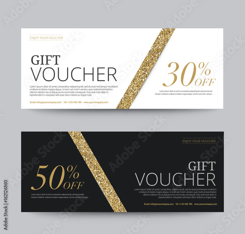 Gift Voucher template, ribbon gold glitter, vector illustration