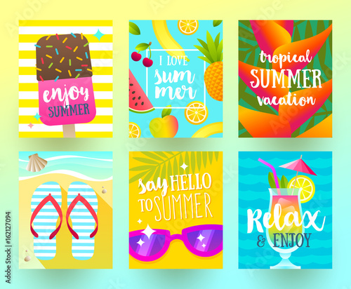 Set of summer holidays and tropical vacation posters or greeting card. Vector flat design