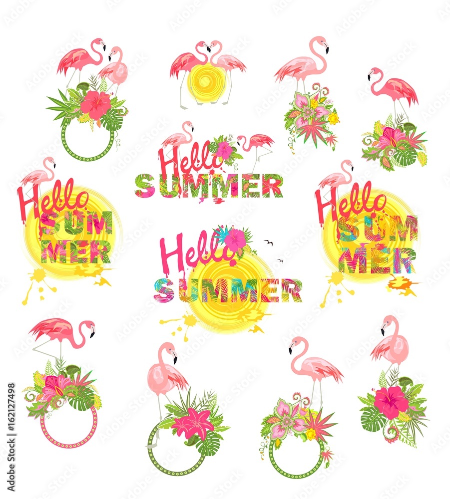 Set of decorative frames and hello summer lettering with tropical flowers and pink flamingo