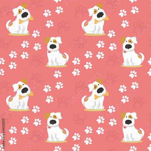 Pattern with white dogs and traces of dog paws. vector illustration in funny style.