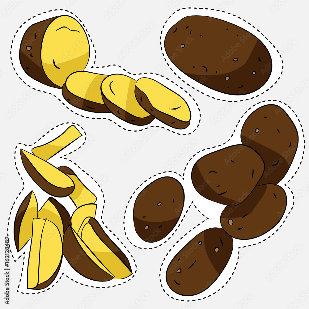 Illustration with sticker style potatoes on light background Illustration with sticker style potatoes on light background