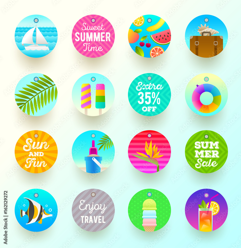 Set of summer vacation and travel labels and tags. Vector illustration.