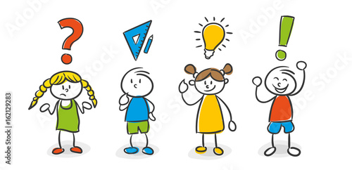 Strichfiguren Kinder bunt Fragezeichen Planung Idee Lösung
