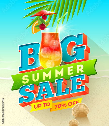 Big summer sale design - Summer vacation vector illustration with exotic cocktail glass.