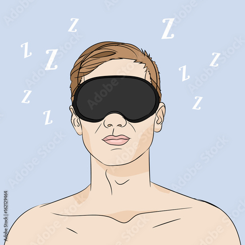 Illustration of a guy sleeping in sleep mask on blue background