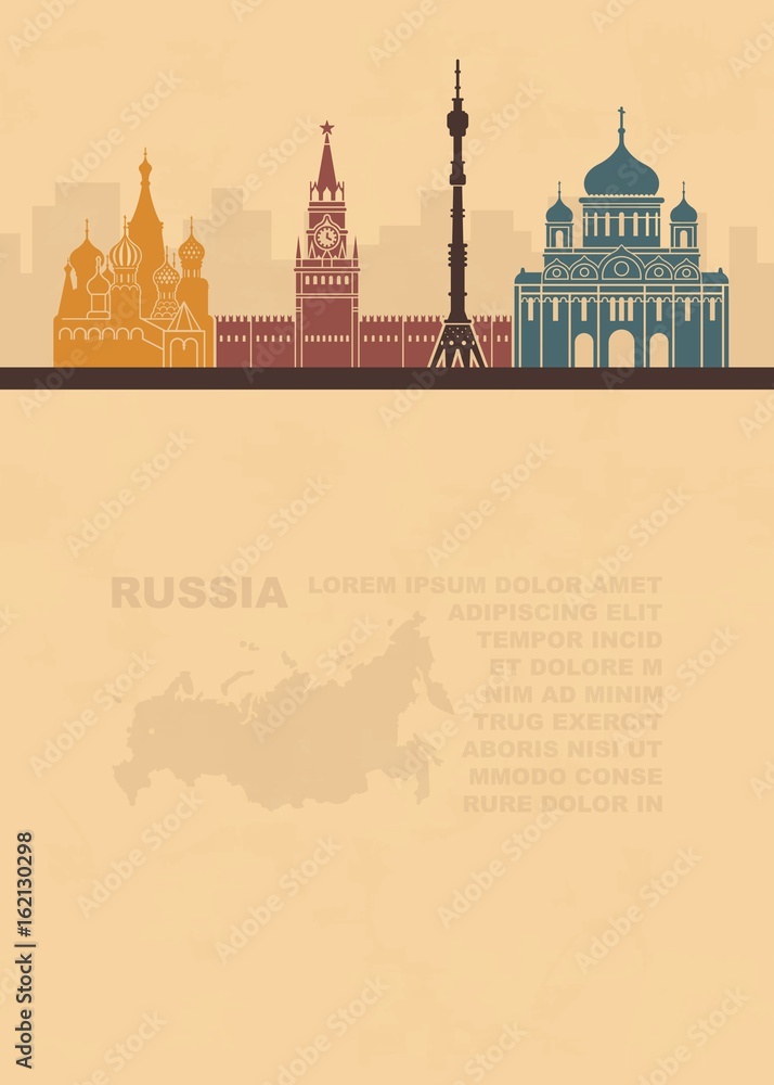 Pattern leaflets with a map of Russia and architectural sights of Moscow