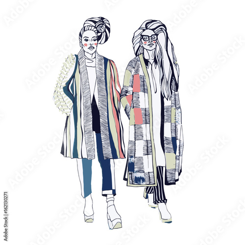 Fashion models. Sketch. Handdrawn Fashion illustration.