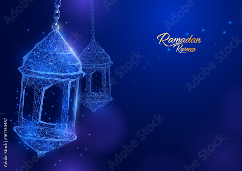 Ramadan Lantern form of a starry sky. Eid al-fitr greeting card on blue background