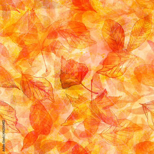 Vibrant seamless pattern with golden watercolour leaves