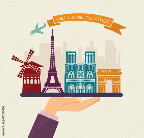 Photography Welcome to Paris. Attractions of Paris on a tray
