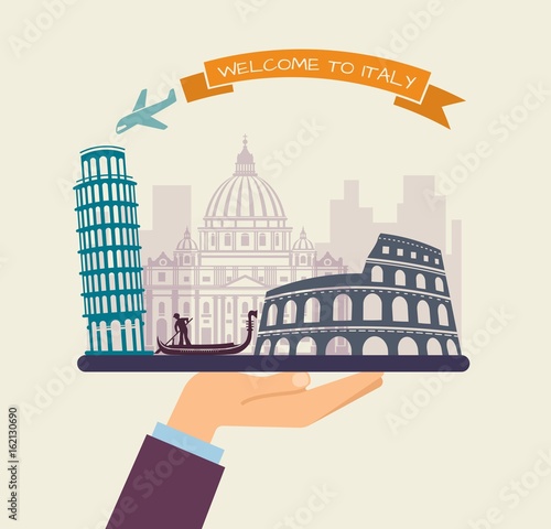 Welcome to Italy. Attractions of Italy on a tray