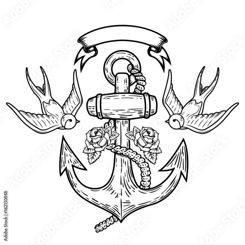 Anchor with swallows and roses. Tattoo design. Vector illustration