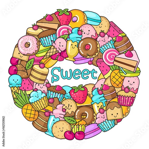 Circle from the funny sweets  fruit and ice cream. Donuts  cupcakes  cakes and cookies