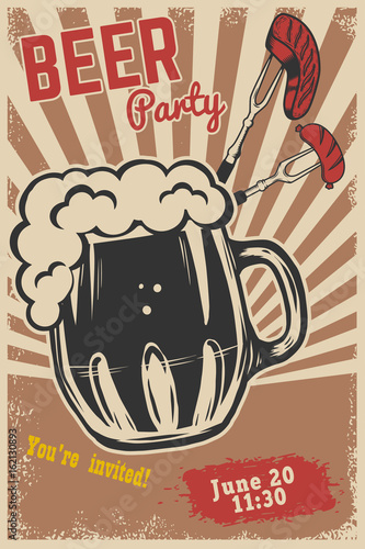 Beer party invitation template. Beer mug, fork with grilled meat and sausage on grunge background. Vector illustration