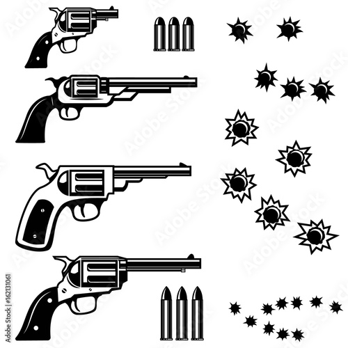 Handguns illustration isolated on white background. Bullet holes. Vector illustrations
