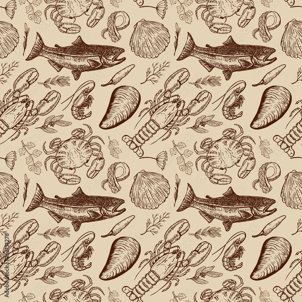 Obraz premium Seafood hand drawn seamless pattern. Design element for poster, wrapping paper. Vector illustration