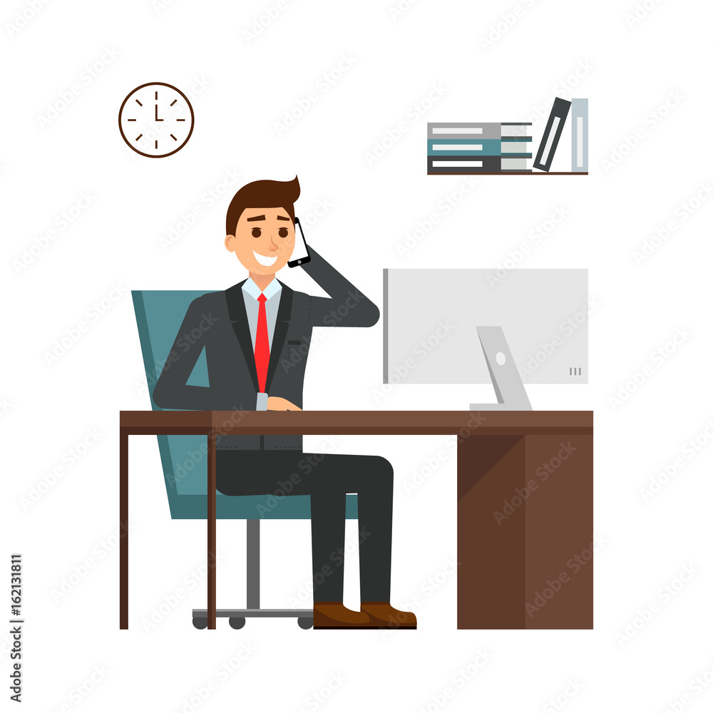 Businessman sitting at desk in bright office, talking on mobile phone and smiling. cartoon guy characters in the suit, working at computer at computer. Happy yound people smiling. Flat design.