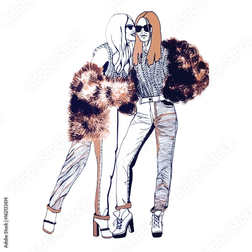 Fashion models. Sketch. Handdrawn Fashion illustration.