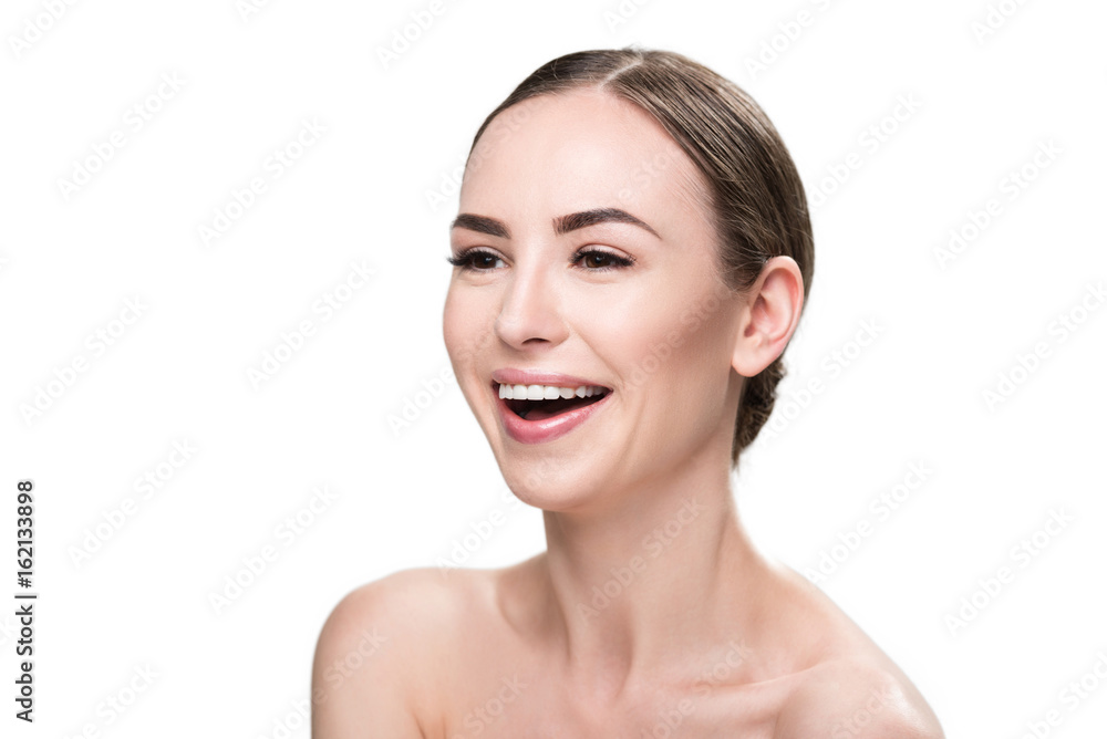 Happy nice girl wearing ideal face-painting Happy nice girl wearing ideal face-painting