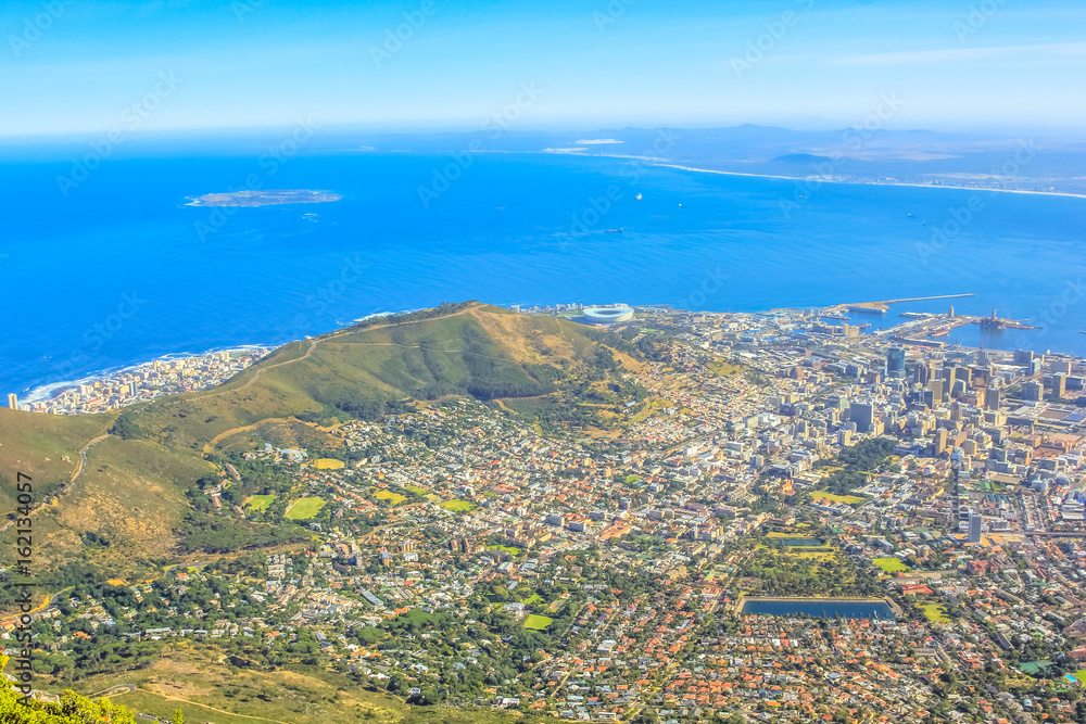The Cape Town City Bowl as seen from Table Mountain National Park in South Africa, Western Cape. Aerial view of the Cape Town Harbour and Signal Hill.