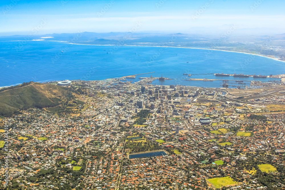 Cape Town City Bowl as seen from Table Mountain National Park in South Africa, Western Cape. Aerial view of Port of Cape Town, of Waterfront and Signal Hill.