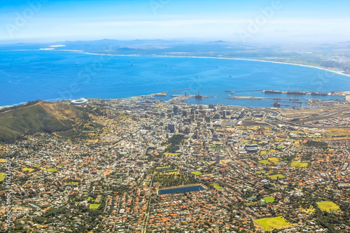 Cape Town City Bowl as seen from Table Mountain National Park in South Africa, Western Cape. Aerial view of Port of Cape Town, of Waterfront and Signal Hill. photo