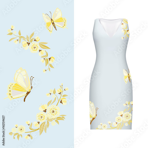 Vector embroidery, floral pattern of butterfly, leaves and rose on classic women's dress mockup. Vector illustration. Hand-drawn ornate pattern. Gold on light blue. japanese style