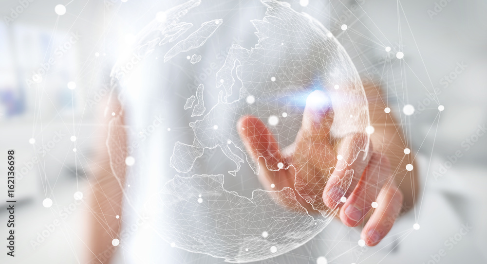 Businessman touching global network on planet earth 3D rendering Businessman touching global network on planet earth 3D rendering