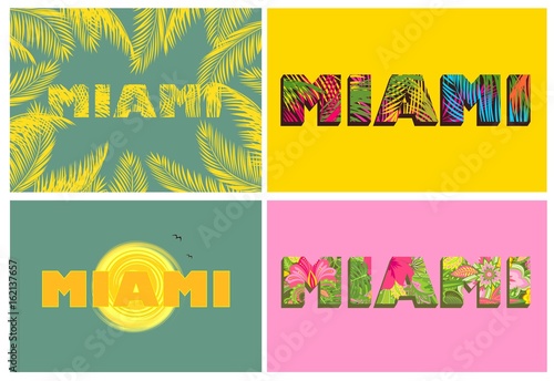 T-shirt prints with Miami lettering and palm leaves