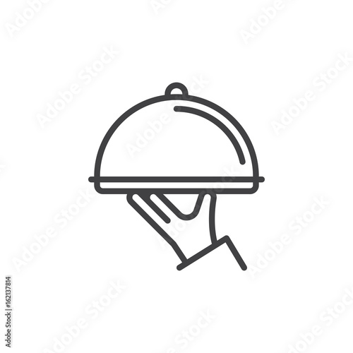 Restaurant cloche in hand line icon, outline vector sign, linear style pictogram isolated on white. Serving food symbol, logo illustration. Editable stroke. Pixel perfect graphics