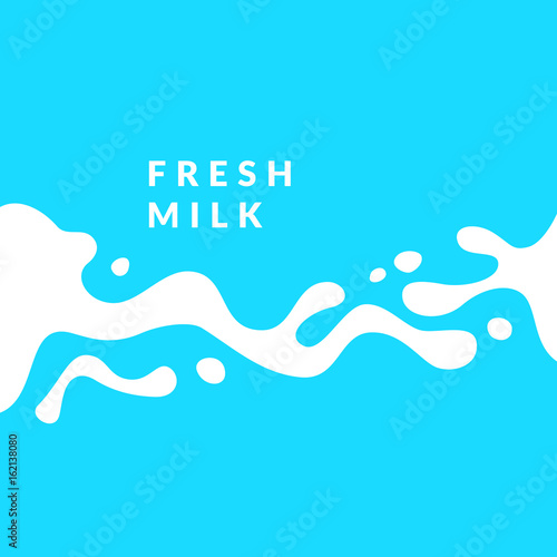 Bright poster fresh milk with splashes on a light blue background. Vector illustration