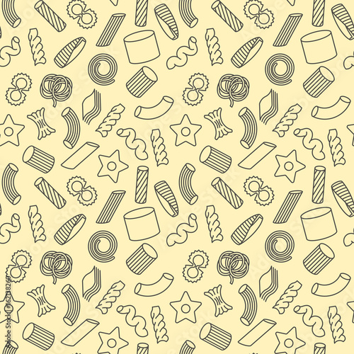 Seamless pattern with different types of Italian pasta for menu background of restaurant or cafe. Thin line vector illustration.