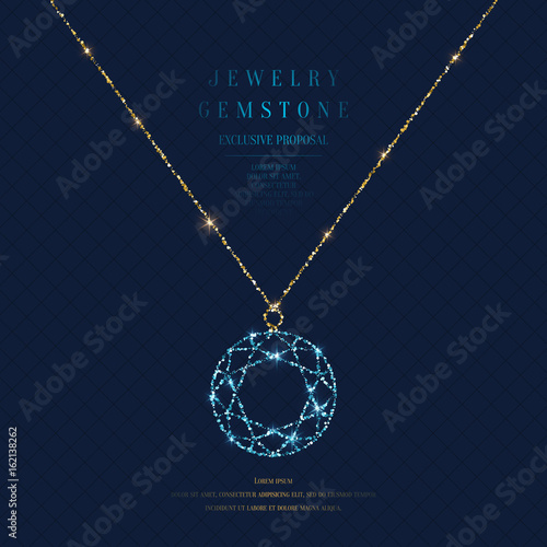 Bright poster with a precious pendant with a chain of gold glitter on a dark background with field for text.