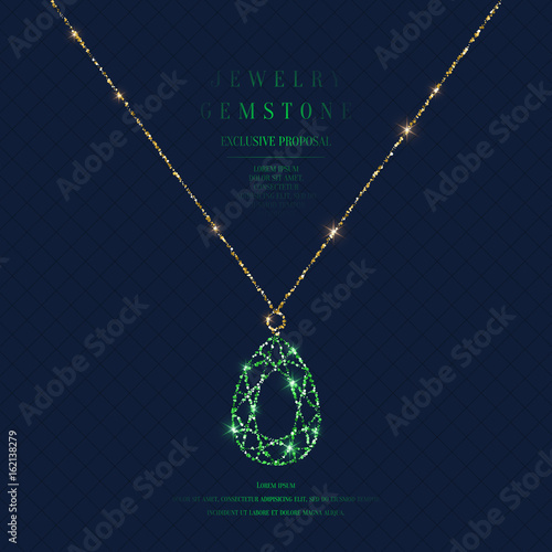 Bright poster with a precious pendant with a chain of gold glitter on a dark background with field for text.