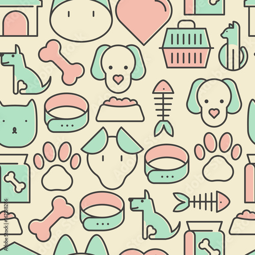 Seamless pattern and background with thin line icons related to pets and animals for pet shop websites and prints. Vector illustration..