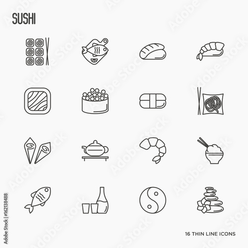 Japanese food thin line icons set: sushi, noodle, tea, rolls, shrimp, fish, sake. Vector illustration.