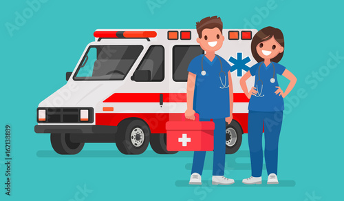Ambulance staff. Couple of doctors. Vector illustration in a flat style