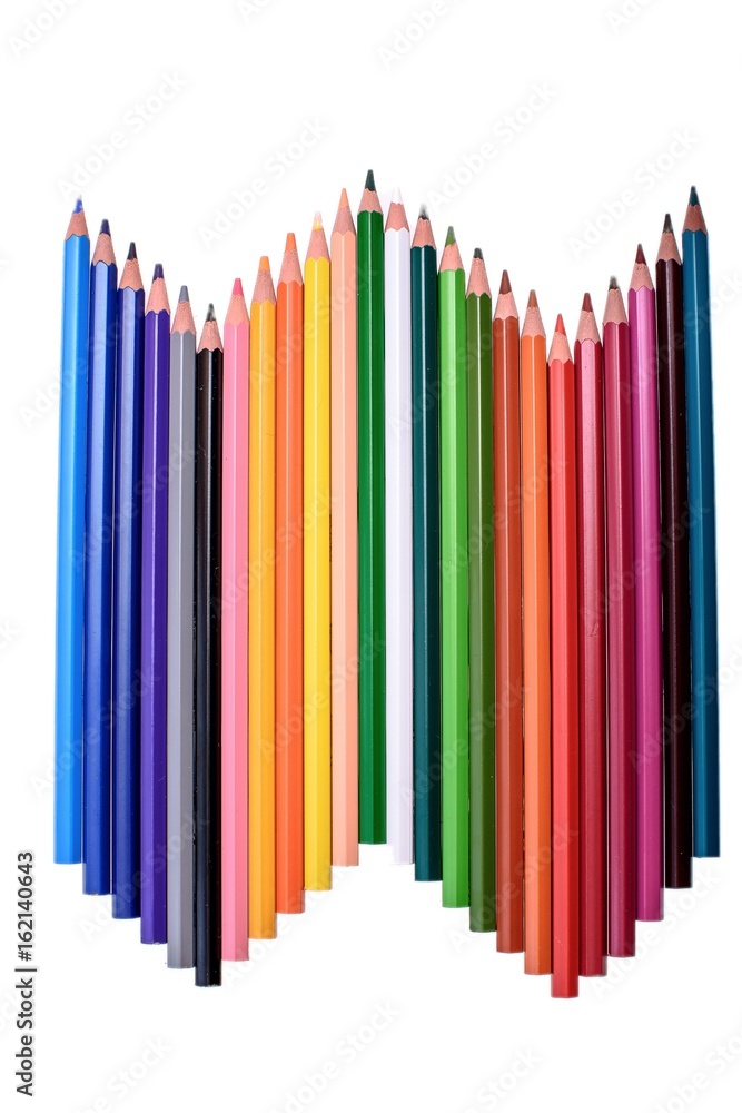 Many colored pencils isolated on white background, place for text Many colored pencils isolated on white background, place for text