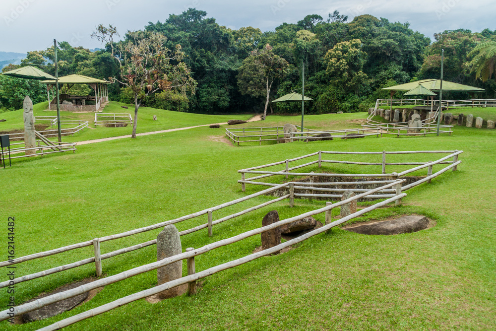 Protective roofs over statues located at Alto de los Idolos site near San Agustin, Colombia