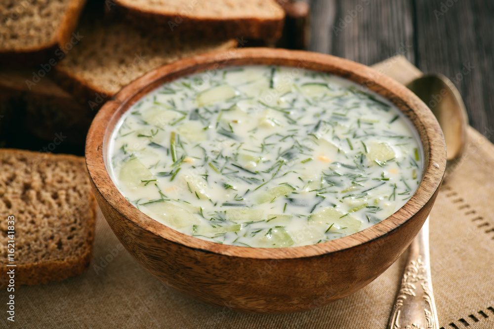 Cold summer soup with vegetables and yogurt (okroshka). Russian style cuisine. Cold summer soup with vegetables and yogurt (okroshka). Russian style cuisine.