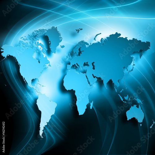 World map on a technological background  glowing lines symbols of the Internet  radio  television  mobile and satellite communications.