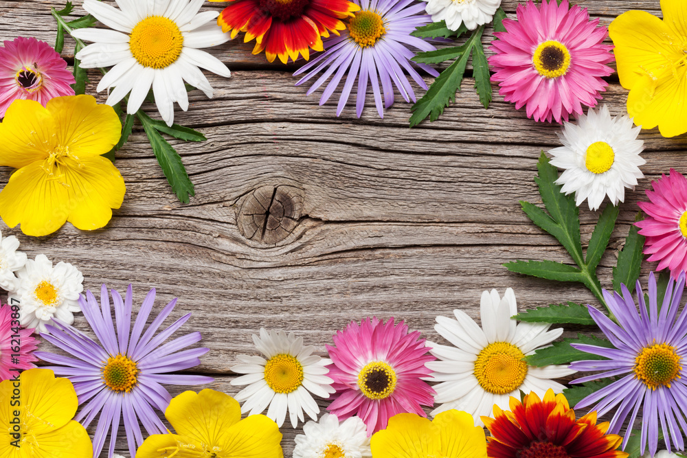 Fototapeta premium Garden flowers on wood