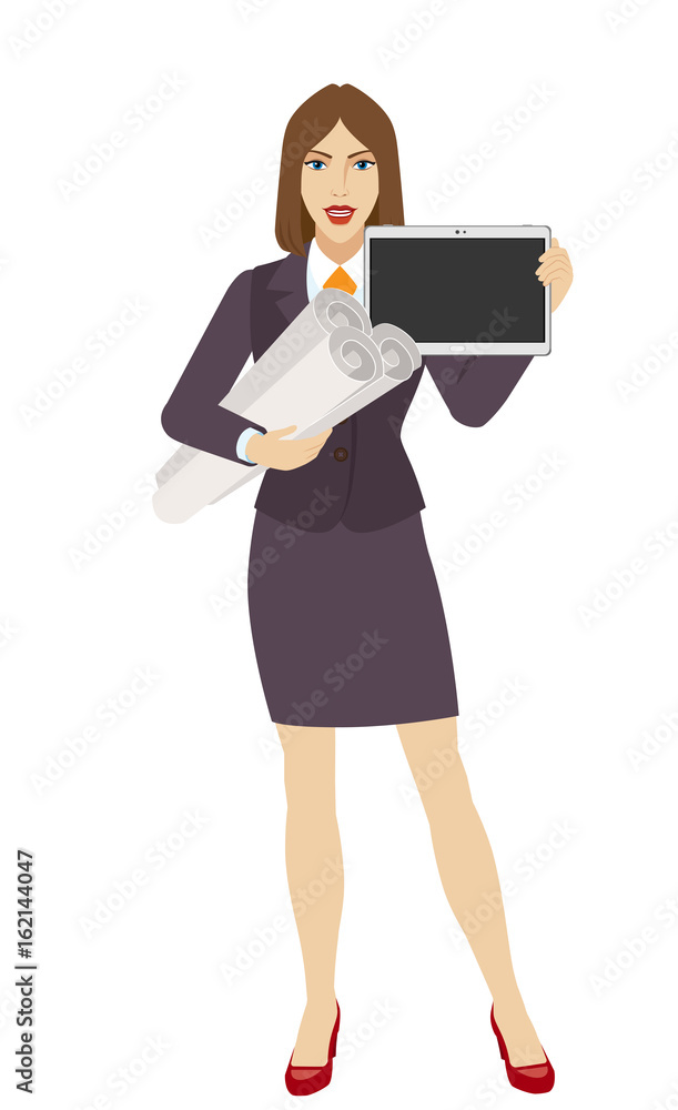 Businesswoman holding the project plans and showing blank digital tablet PC Businesswoman holding the project plans and showing blank digital tablet PC
