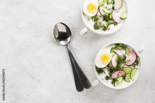 Traditional cold Russian soup with kefir (yogurt), cucumber, radish, egg and parsley on a white background. Top view, copy space. Food background