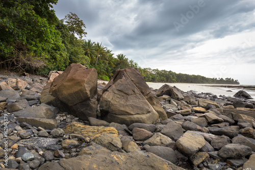 Rocks on a beach with forest in the background in far north Queensland Australia