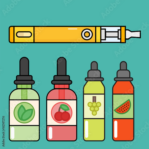 Vape device vector set cigarette vaporizer vapor juice bottle flavor illustration battery coil.