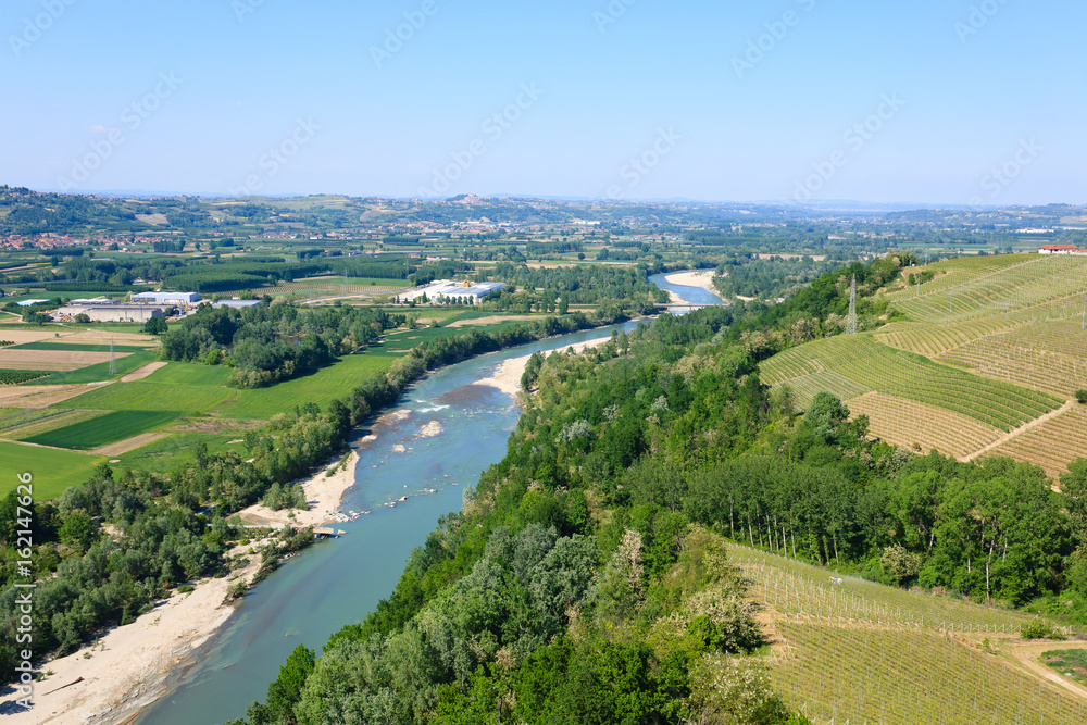 Tanaro river view from Langhe, Italy