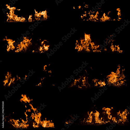 Fire flame isolated black background collection