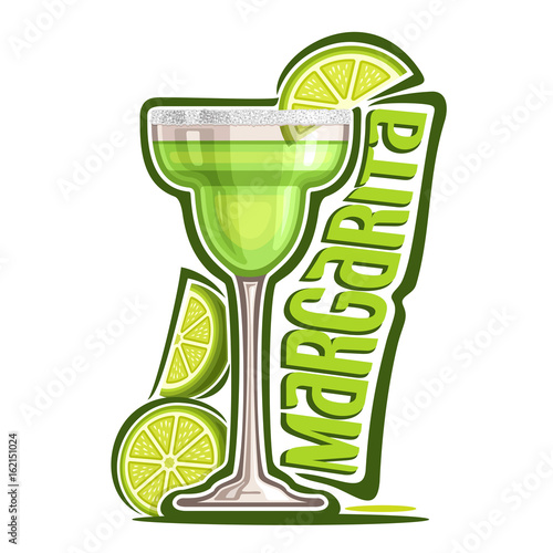Vector illustration of alcohol Cocktail Margarita: garnish of sliced lime and salt on glass of mexican tequila cocktail, logo with green title - margarita, classic mocktail drink on white background.