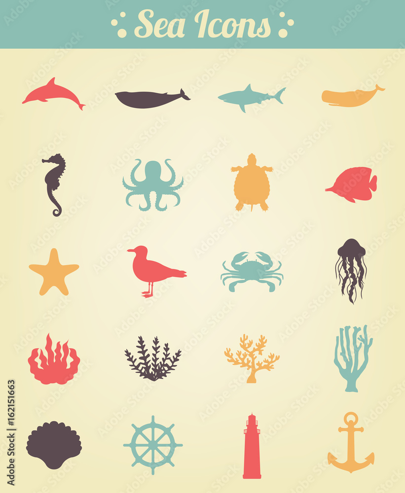 Obraz premium Sea icons and symbols set. Sea animals. Nautical design elements. Vector